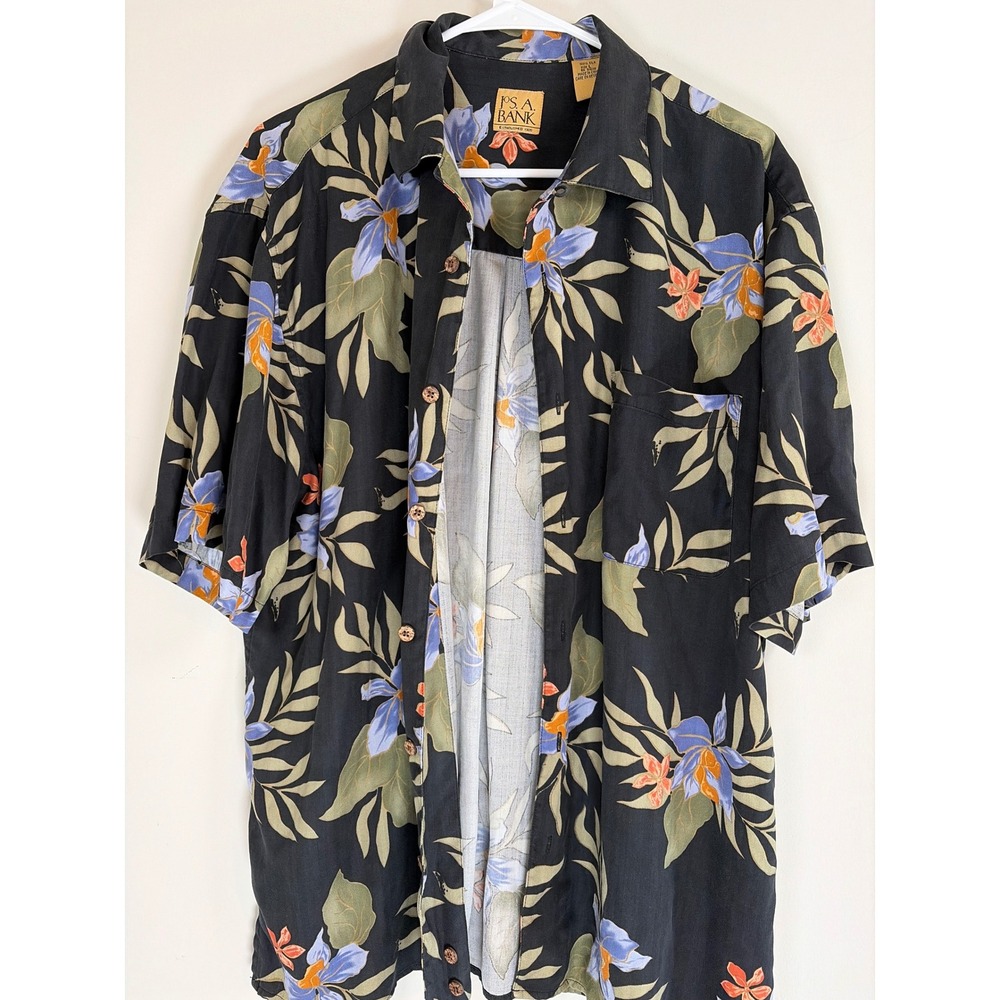 Jos A Bank Mens Large Silk Tropical Floral Camp Black Short Sleeve ButtonUp